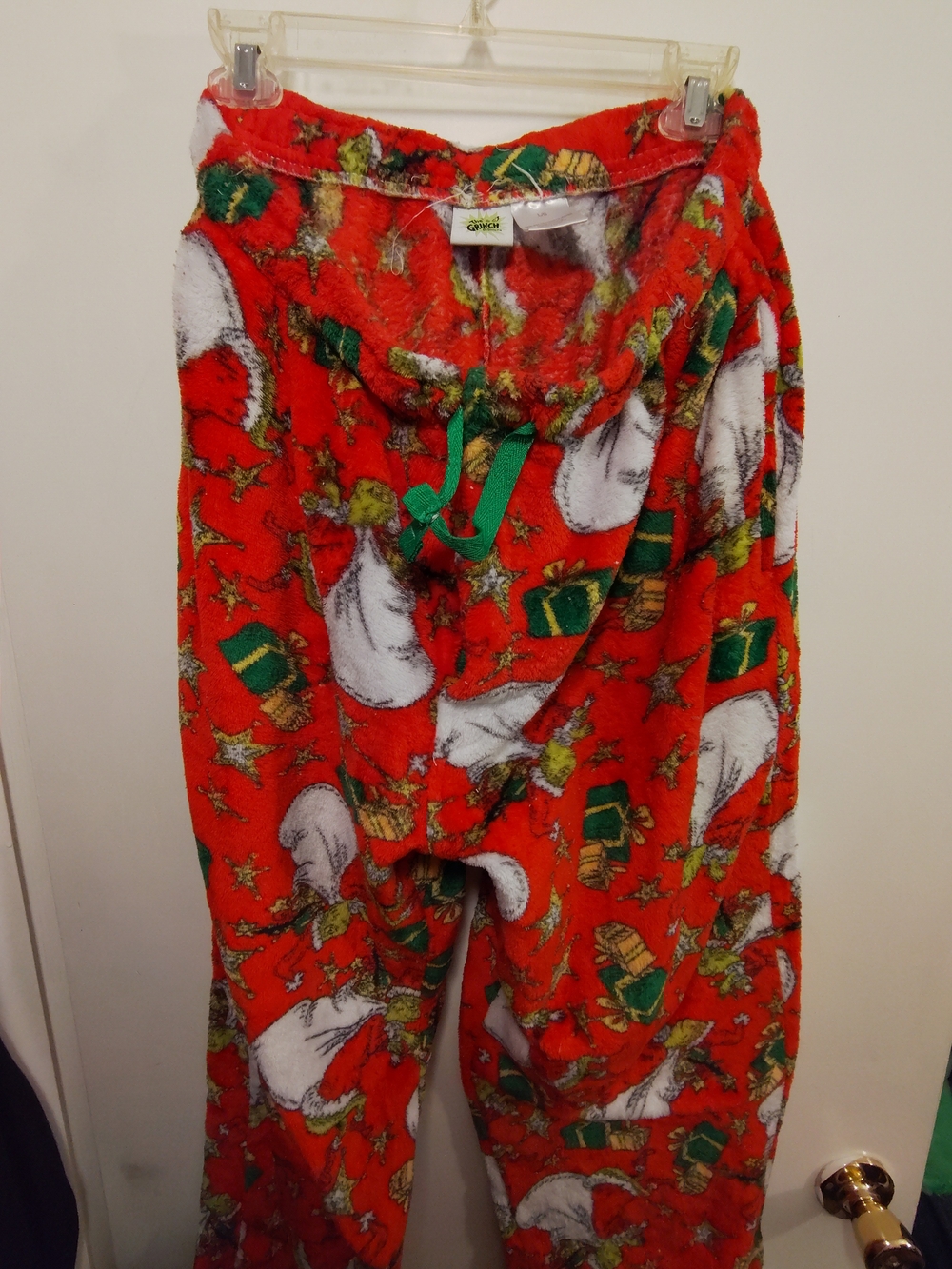 Men's Large The Grinch Red Plush Pajama Pants with Santa Print